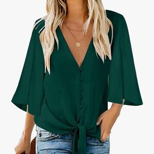Women's Casual V Neck Tops 3/4 Sleeve Tie Knot Blouses Solid Button Down Shirts